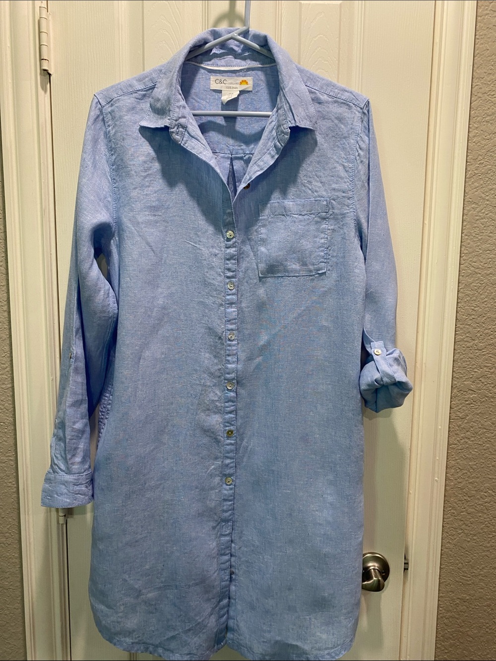 C&C California Sky Blue Linen Longline Button-Down Dress or Beach Coverup